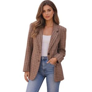 Vintage Wool Blend Blazer Houndstooth Two Button Front Tan Jacket Size 10